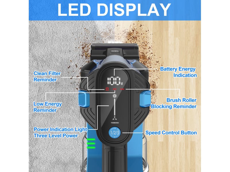 Aspirateur balai sans fil tasvac s8 260 w – noir et bleu – led, 23 kpa, batterie amovible et filtre hepa - Conforama C