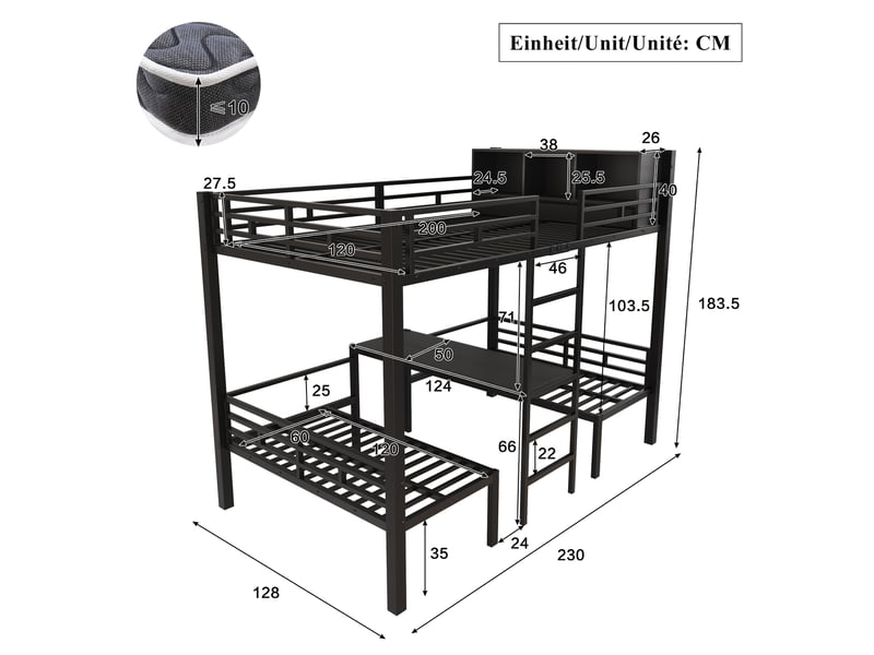  Lit superposé multifonction 120x200cm avec 2 couchages banquettes inférieurs 60x120cm, échelle droite et étagère, métal, noir evarich - Conforama C
