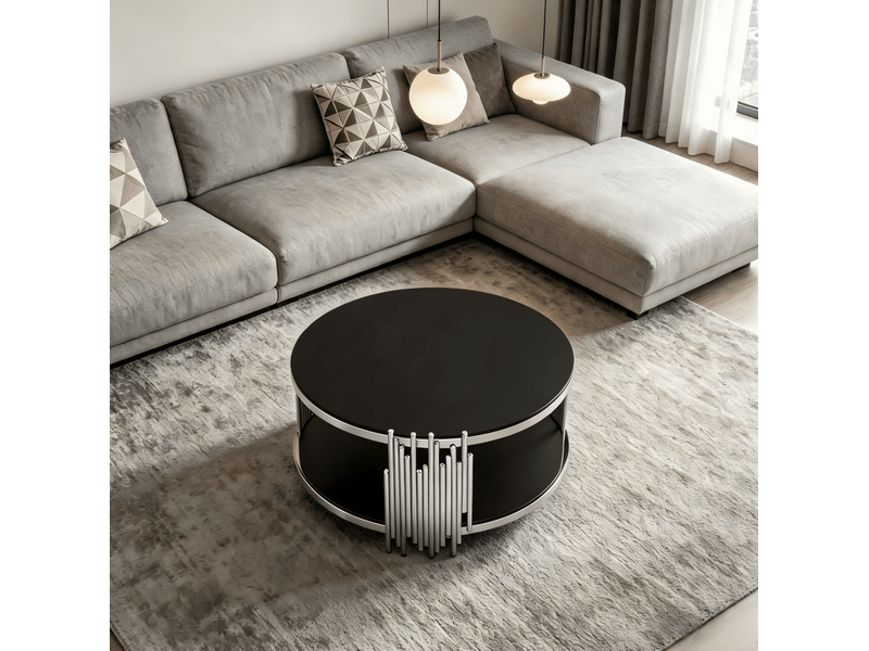  Table basse ulevr ronde à 2 niveaux de rangement ø80 cm, verre trempé noir et acier inoxydable argenté  - Conforama E