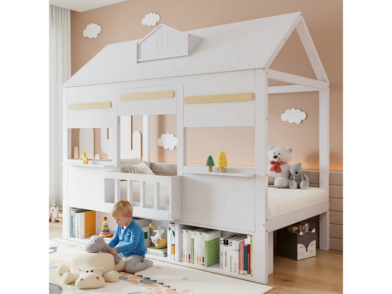  Lit mezzanine cabane enfant 1 place 90 x 200 cm avec bibliothèque intégrée, sommier à lattes, structure en pin, mdf et contreplaqué, blanc  - Conforama B