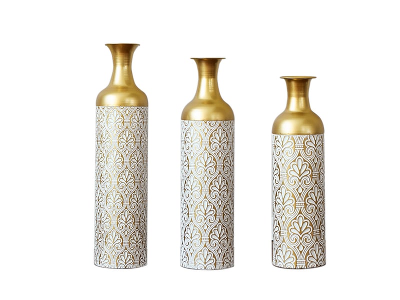 Lot de 3 vases de sol 506683 cm – doré et blanc – métal à décor blanc, pour plantes et fleurs séchées - Conforama A