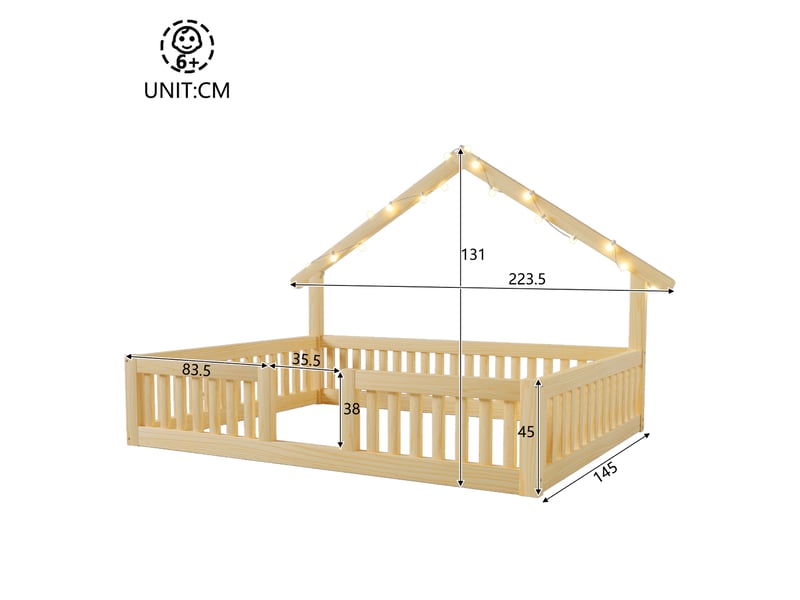  Lit cabane 140x200 cm en pin naturel avec led et barrière  - Conforama C