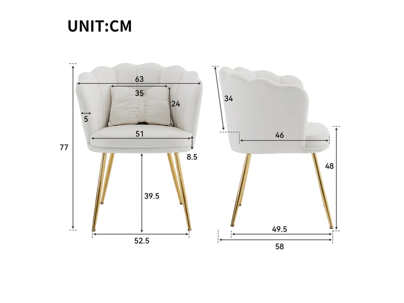  Chaise rembourrée à dossier pétale avec coussins de soutien et pieds métalliques dorés en velours beige, 63 × 58 × 77 cm  - Conforama D