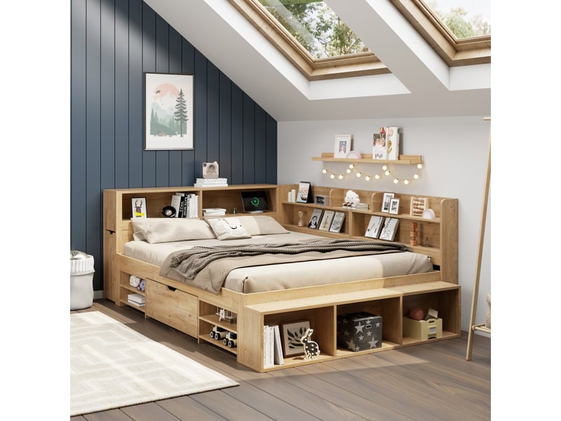  Lit avec rangement 140x200cm coloris naturel contreplaqué lit enfant naturel - Conforama D