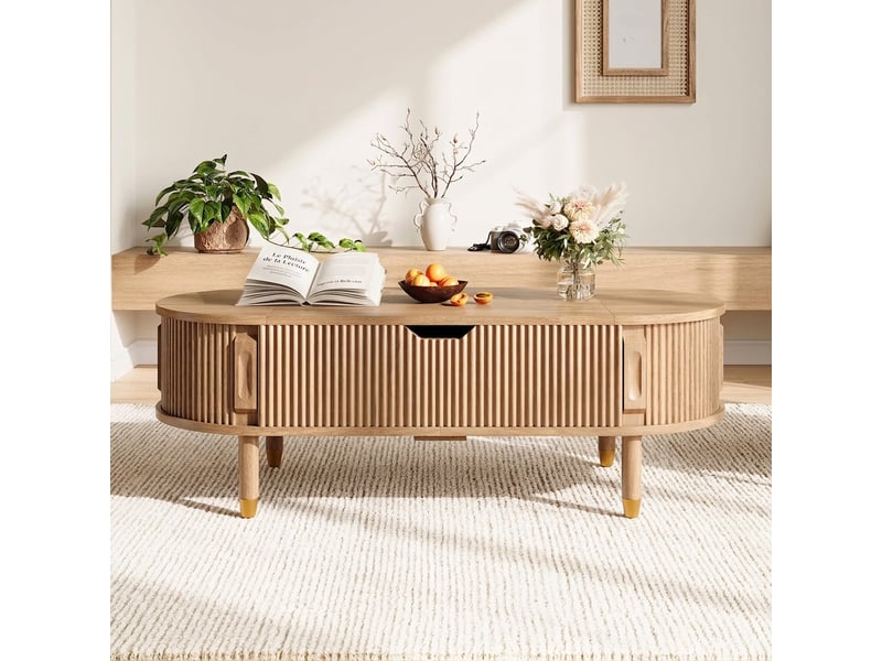 Table basse relevable ovale en mdf avec espace de rangement et portes coulissantes nervurées naturel - Conforama C