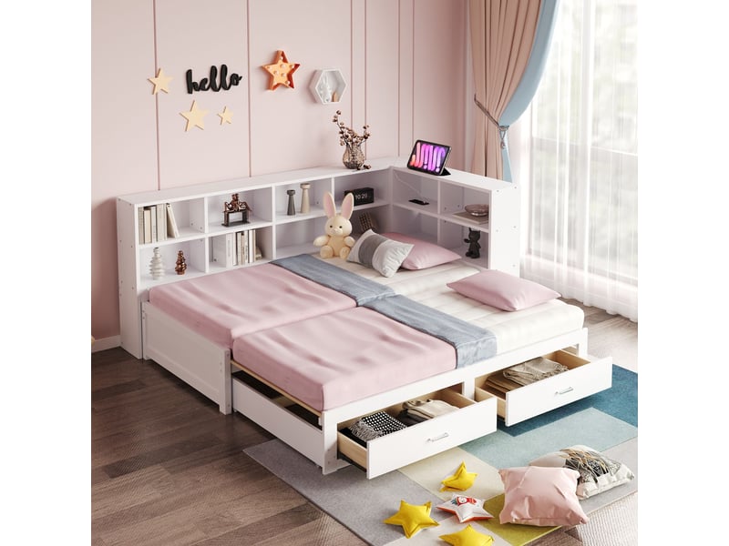  Lit gigogne avec rangement 90180x190cm - 2 tiroirs, multiples étagères et prises - lit gigogne - bois massif, extensible, blanc  - Conforama B