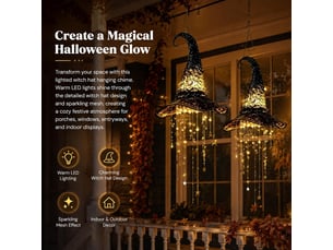 2 pièces décoration halloween suspendue, chapeau de sorcière lumineux led avec étoiles et glands colorés pour porche, terrasse et jardin