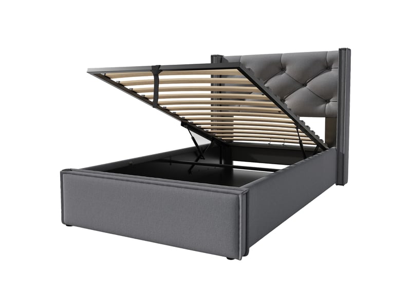  Lit coffre rembourré 90 x 200 cm en tissu coton gris, sommier à lattes, tête de lit capitonnée 830607AAG - Conforama A