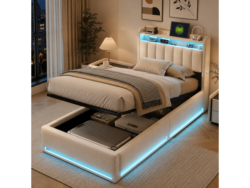  Lit coffre 90x200 cm avec éclairage led et usb, lits simple avec espace de rangement hydraulique et tete de lit, sommier à lattes, velours, beige  - Conforama B