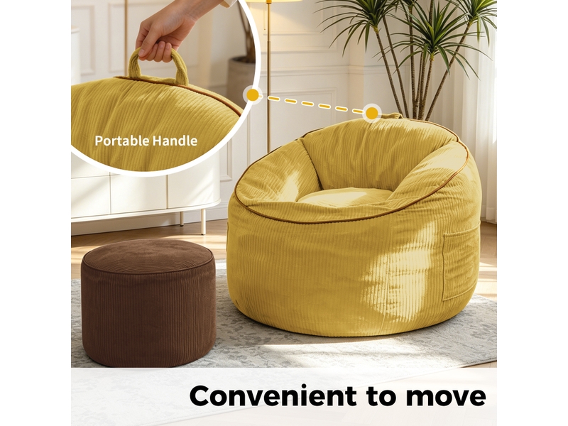 Fauteuil poire ergonomique en tissu jaune avec poche de rangement et repose-pieds assorti pour détente à la maison - Conforama E