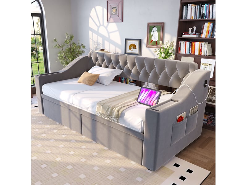  Lit enfant 90x190 cm tiroirs accoudoirs larges rangements ouverture pression port usb métal velours gris sans matelas  - Conforama D