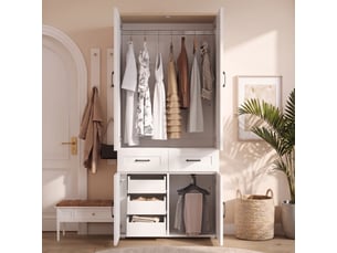 Armoire de chambre blanche style campagne 90x50x200 cm avec 4 portes 5 tiroirs et 2 penderies en mdf