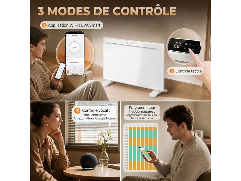  Radiateur électrique 1500 w connecté wifi sur pied ou mural, commandes vocales, 4 modes, écran led, 70x21,5x43,5cm blanc  - Conforama E