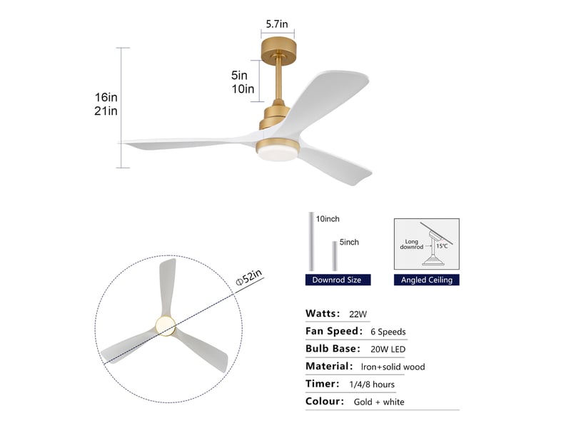  Ventilateur de plafond 52 pouces avec lumière, télécommande, moteur dc silencieux, bois massif, or et blanc  - Conforama C