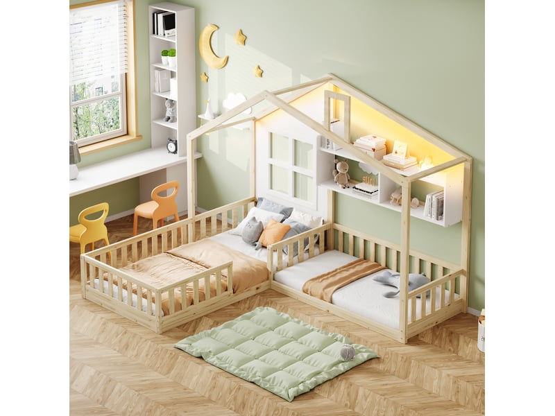  Lit enfant cabane 90 x 200 cm et 140 x 70 cm en bois naturel et blanc avec led et rangements  - Conforama D