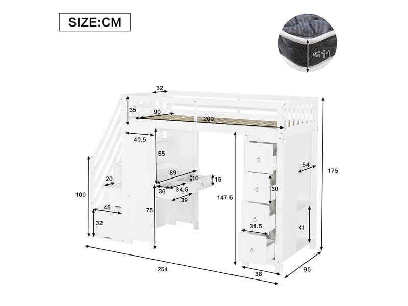  Lit mezzanine enfant multifonctionnel avec bureau intégré et rangements, blanc, 90 x 200 cm  - Conforama E