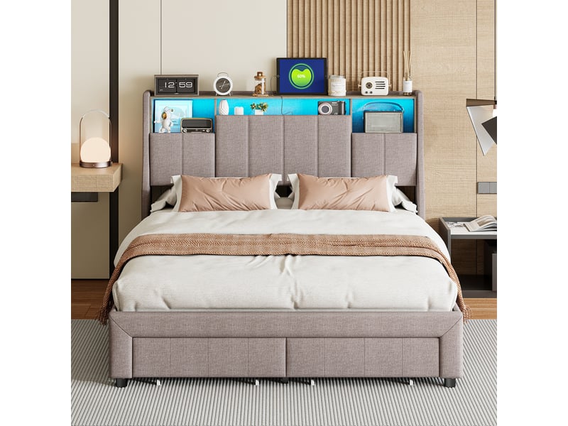  Lit 160x200 avec 2 tiroirs, lit double capitonné avec éclairage led, lit adulte avec 2 prises et 2 usb, tête de lit avec rangement et poches latérales, tissue lin, style scandinave(160x200cm, gris)  - Conforama C