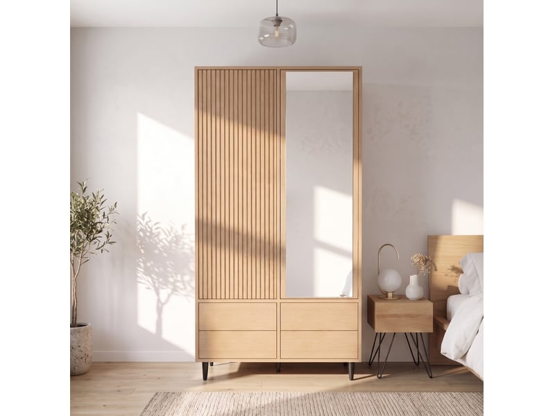  Armoire penderie 90 x 45 x 200 cm couleur bois, mdf acier miroir, 2 portes avec 4 tiroirs  - Conforama B