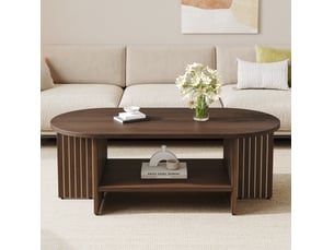 Table basse ovale fixe avec étagère ouverte, design rainuré moderne pour salon, mdf marron, 100 × 49 × 35 cm