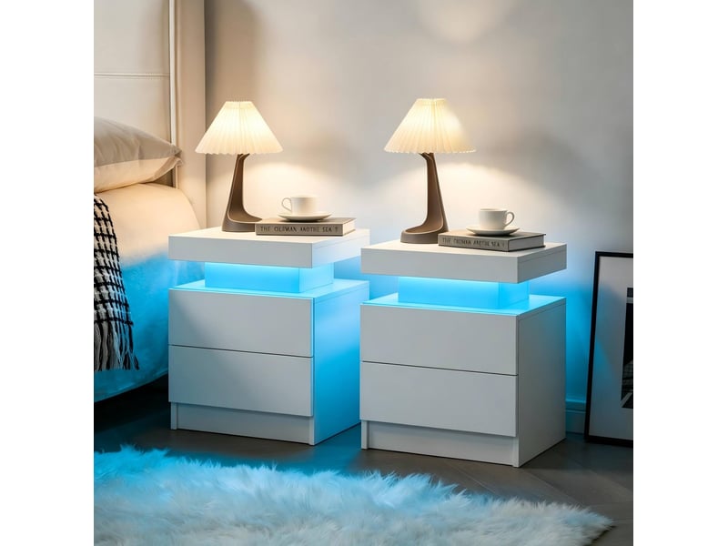  Tables de chevet modenvie led lot de 2 blanches avec 2 tiroirs  - Conforama B