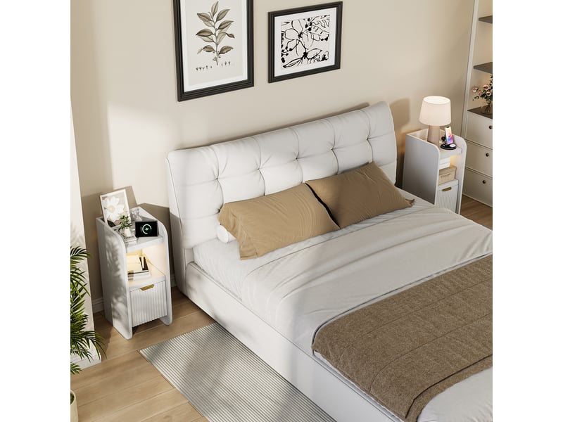  Lot de 2 tables de chevet blanches à 1 tiroir, design cannelé, bandeau led réglable, station de charge intégrée prises eu, table d’appoint multifonction pour chambre et salon  - Conforama B