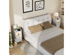 Lot de 2 tables de chevet blanches à 1 tiroir, design cannelé, bandeau led réglable, station de charge intégrée prises eu, table d’appoint multifonction pour chambre et salon
