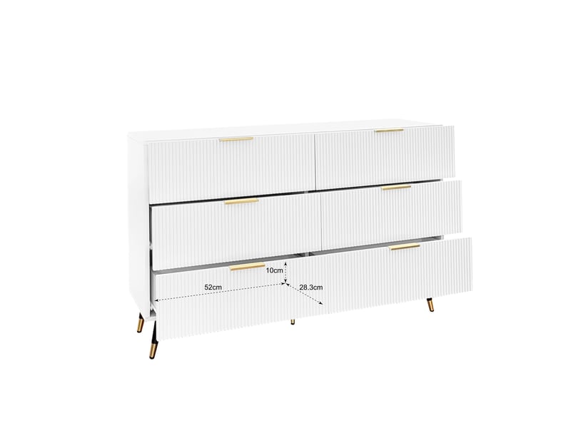  Buffet avec 6 tiroirs, façade ondulée et pieds dorés, style moderne, pour salon ou chambre, 120 x 40 x 77 cm, blanc  - Conforama E