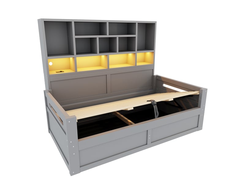 Canapé-lit en bois, 90 x 200 cm, espace de rangement multifonctionnel avec éclairage led, compartiment de rangement hydraulique, lit simple, cadre de lit enfant avec prises électriques, gris - Conforama D