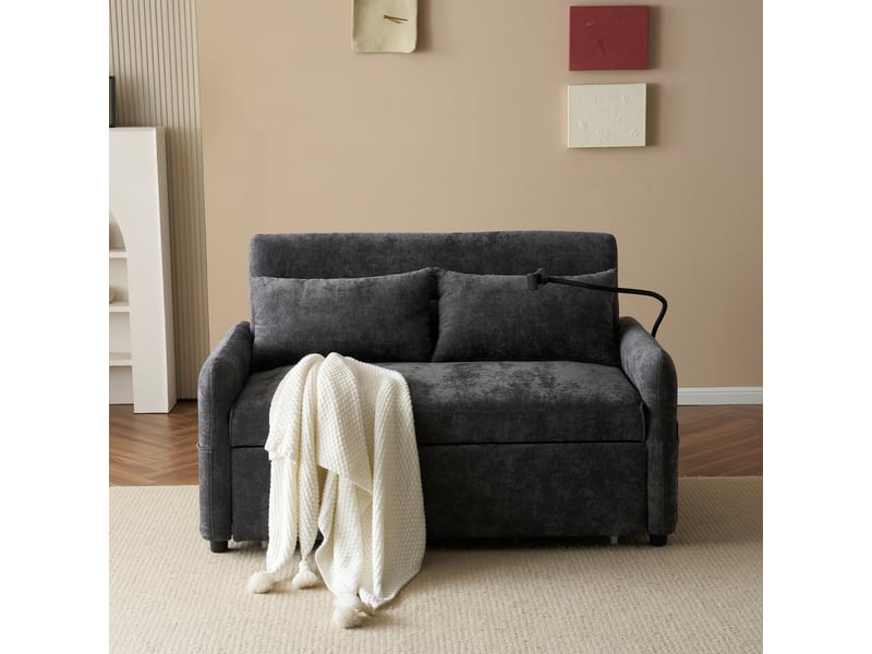 Canapé double, canapé lit 111x163cm, lit convertible, dossier réglable, support de téléphone, charge, velours gris foncé, coussins inclus - Conforama B