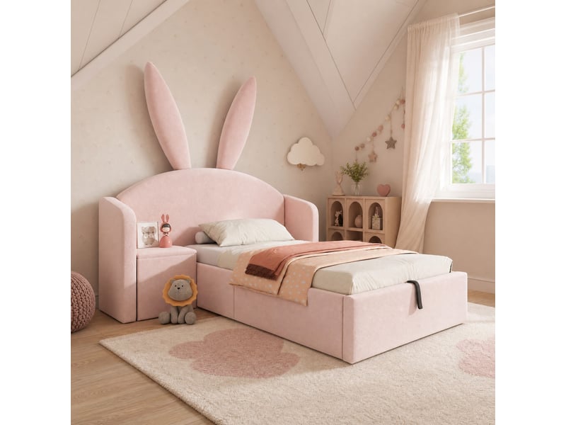  Lit coffre 90x190 cm avec table de chevet en velours rose  - Conforama B