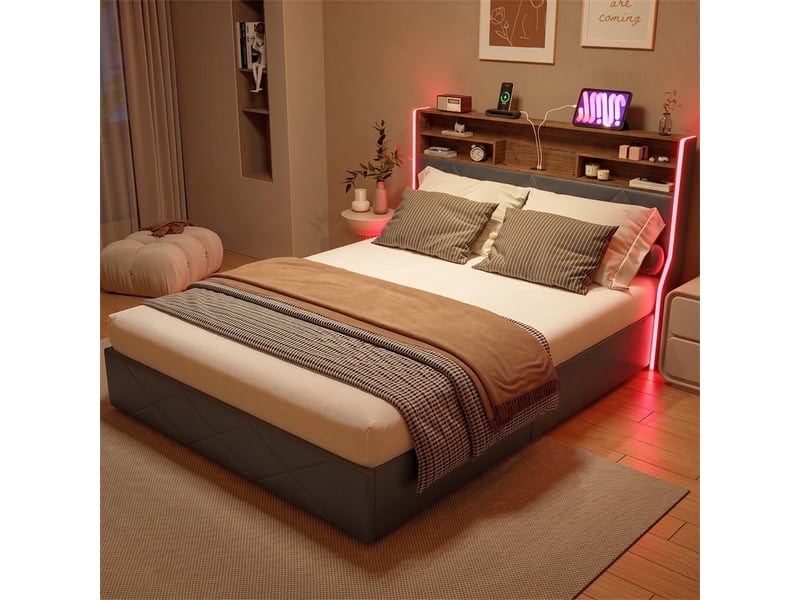  Lit 160x200cm - lit coffre 160x200cm - lit rembourré similicuir hydraulique, tête de lit étagère, led et ports usb type-c - noir  - Conforama C