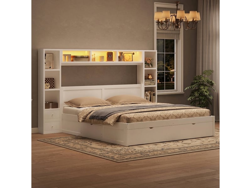  Lit plateforme 140x200 blanc avec 7 tiroirs, tête de lit bibliothèque et éclairage led sans matelas  - Conforama E