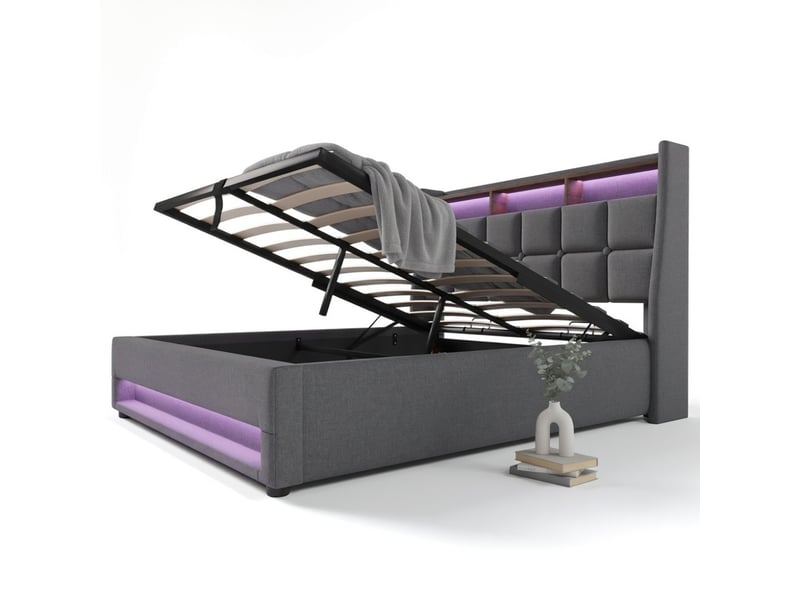  Lit coffre 160x200 cm avec led, port usb et matelas en lin  - Conforama A
