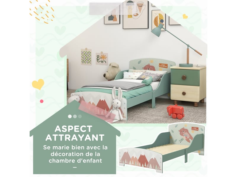  Lit pour enfant 3-6 ans avec barrières de sécurité et motifs dim. 77 x 143 x 60 cm sommier à lattes inclus - vert  - Conforama D