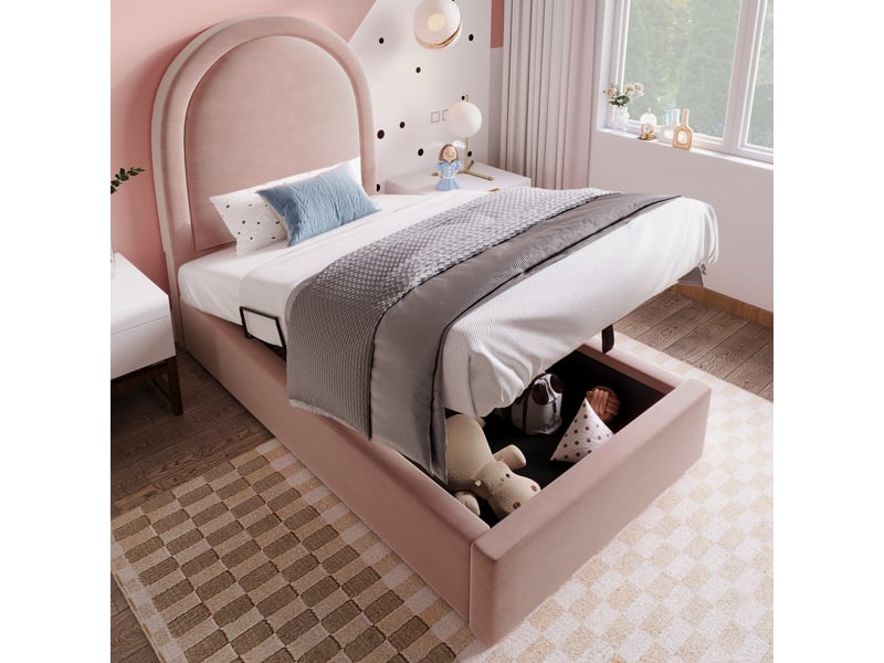  Lit coffre 90x190 cm – lit enfant avec tête de lit cosmique – métal et velours – sans matelas – rose  - Conforama E