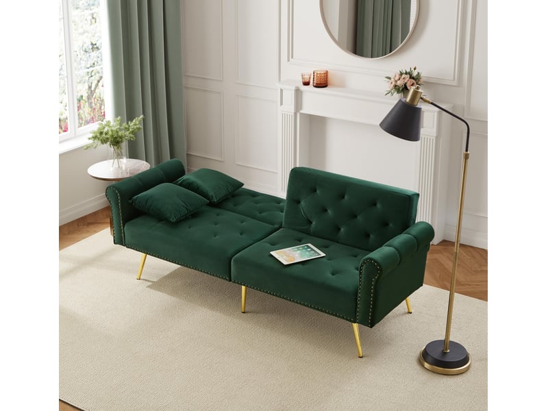 Canapé droit convertible - 2 places, design contemporain avec dossier multi-positions - revêtement velours, pieds métal - vert  - Conforama C