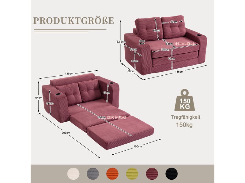 Canapé droit 2 places en velours côtelé rouge bordeaux, modulable, 2 porte-gobelets et poches latérales, 136 cm IKSETERA TRADING LTD - Conforama C