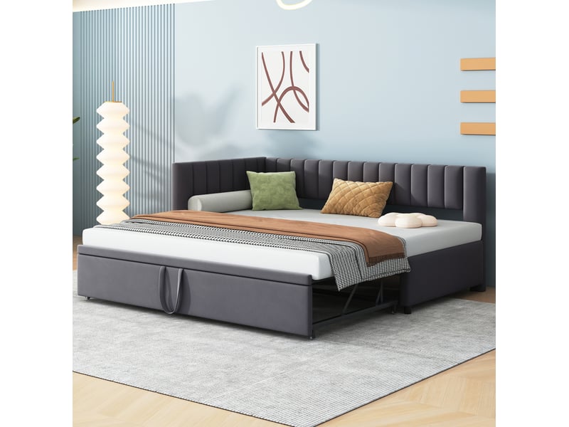  Lit enfant gigogne 90x200cm, gain de place, tête de lit confort, style moderne, velours gris foncé, sans matelas  - Conforama W