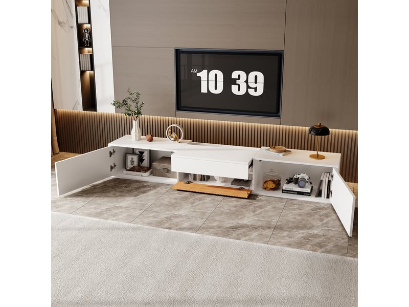  Meuble tv 180 cm blanc et bois avec support vidéoprojecteur intégré, installation murale ou sur pied  - Conforama E
