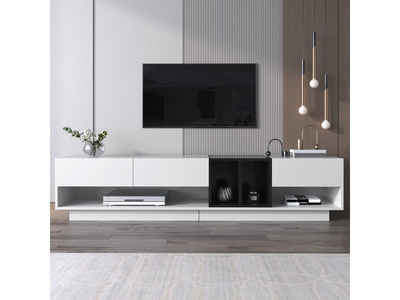 Meuble tv avec 3 tiroirs, 190 x 40 x 42 cm, 2 niches ouvertes, finition brillante et contraste noir et blanc, panneaux de particules, blanc Morn Vibe - Conforama B