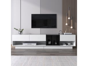 Meuble tv avec 3 tiroirs, 190 x 40 x 42 cm, 2 niches ouvertes, finition brillante et contraste noir et blanc, panneaux de particules, blanc
