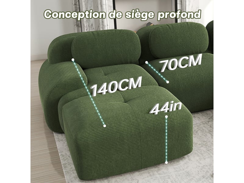  Canapé modulaire u 4 places en velours côtelé,base anti-dérapant,repose-pieds amovibles,accoudoirs xl,ergonomique 32d hautement élastique,vert 388x178x75cm - Conforama D