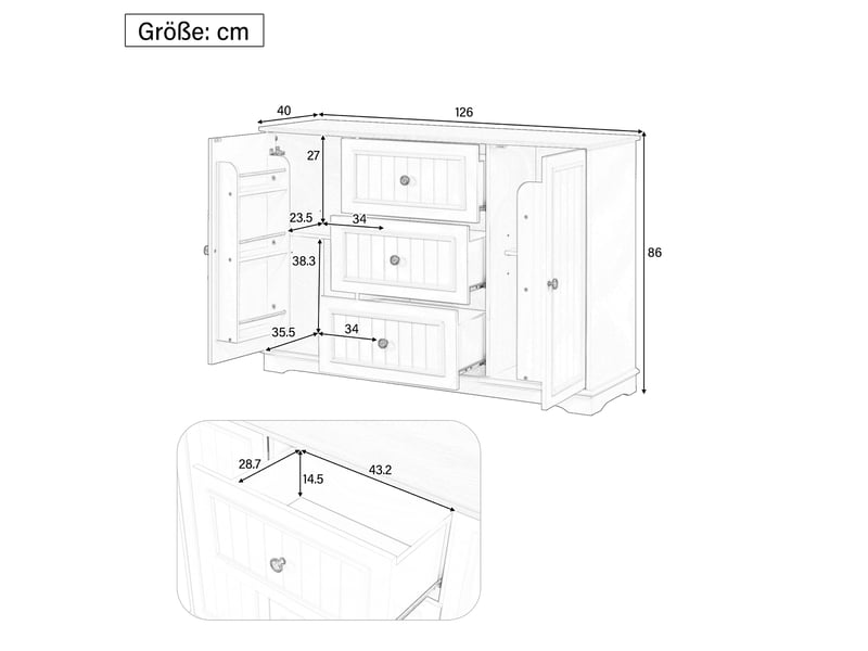  Buffet moderne gris meuble de rangement 3 tiroirs bahut salle à manger mdf 126x40x86 cm  - Conforama R