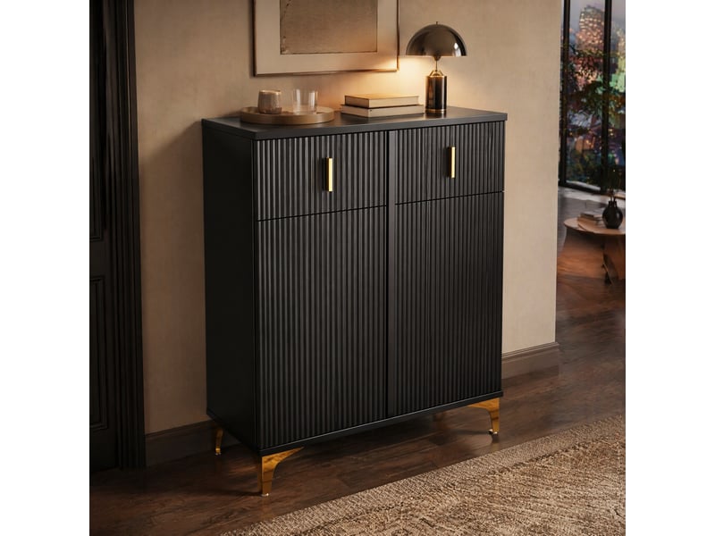 Buffet avec 2 portes, 2 tiroirs et 2 étagères réglables, en panneaux de particules noirs, 83 × 35 × 101 cm - Conforama B
