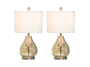 Lot de 2 lampes de table ø30 x 56 cm, verre ambre, abat-jour en lin blanc et acier, douille e27 40 w
