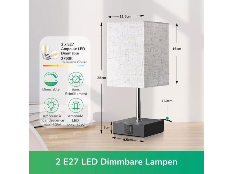  Lampe de table tactile 2x e27 avec usb-a usb-c et variateur 3 niveaux beige lin 370618_AABJN44657_6_DROPFR - Conforama D