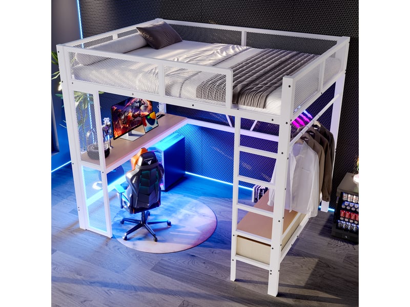  Lit mezzanine 140x200 cm coloris blanc led métal lit enfant blanc - Conforama E