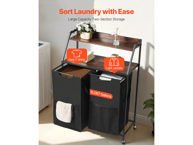  Vevor trieur de linge 2 niveaux 2 compartiments avec roulettes et crochets noir  - Conforama C