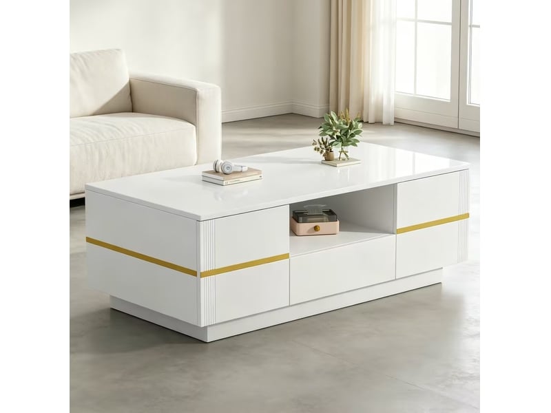  Table basse avec led et rangement 100x50x35.5 cm en mdf blanche et dorée  - Conforama W