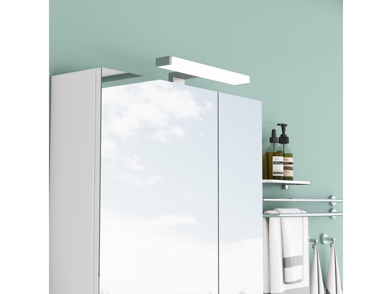  Meuble de salle de bains avec miroir led de 60 cm, 2 portes asymétriques, prise française et étagères réglables, blanc.  - Conforama C